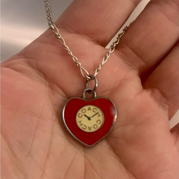 Coach Red & White Enamel Heart Clock Pendant .925 Sterling Silver Necklace - Picture 2 of 6
